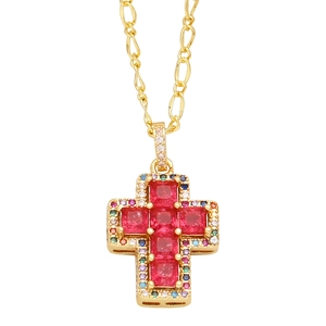 Cross necklace with square-cut red stones and colorful accents on a gold plated chain