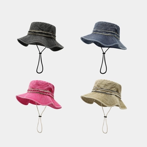Vintage Washed Cotton Denim Bucket Hat Wide Brim Sun Protection Outdoor Camping Fishing Windproof Rope For Men Women