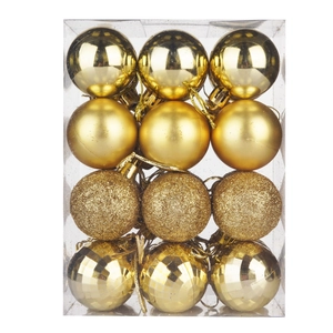 Set of 12 golden Christmas ball ornaments with matte, glossy, and glitter textures