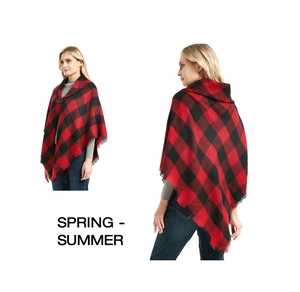 Detailed front and back views of a classic red and black checkered poncho with tassel edges