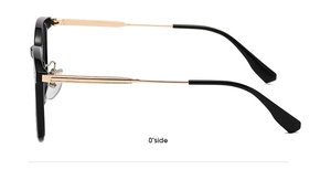 Detail view of the black and gold metal square eyeglass frame hinge and side temple