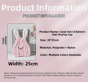 Pink rabbit-themed coral fleece kids hair towel cap with soft 3D ears detail and dimensions