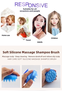 Detail view of blue silicone shampoo brush with soft massage bristles and ergonomic handle