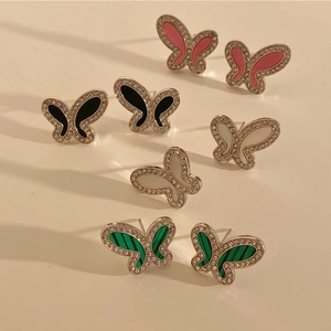 Boucles d'oreilles papillon élégantes avec strass en rose, noir, blanc et vert