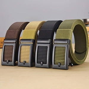 Outdoor nylon tactical belt with matte black alloy buckle in four colors on wood