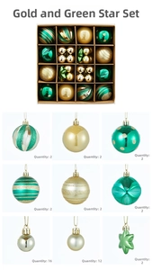 Detail of Christmas gold and green ornaments set featuring varied textures and quantity breakdown