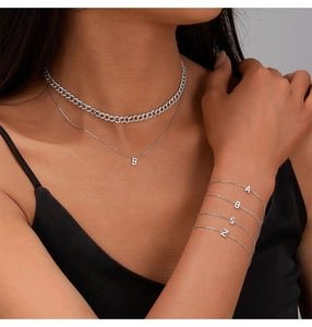 Detailed view of 925 sterling silver bracelets and necklaces with zircon letters A B S Z