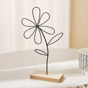 Modern Nordic iron floral art ornament with natural wooden base for home desk decor