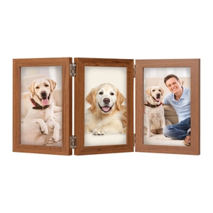 Three-frame folding wooden photo frame in walnut brown with natural wood grain