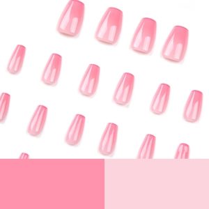 Pink gradient French press-on nails in medium trapezoid shape with jelly texture