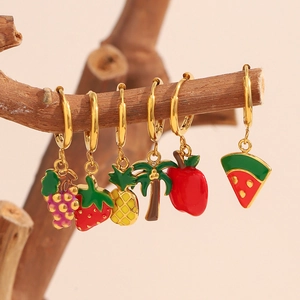 18K gold plated stainless steel hoop earrings with colorful fruit charms on wood branch