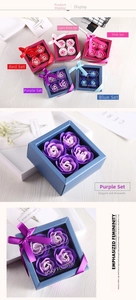 Detail of 4-piece rose soap flower gift set in window box with silk ribbon bow decor