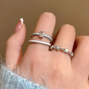 Adjustable Copper Rings With Enamel And Rectangle Zircon Square Geometric Open Ring For Women Fresh Style