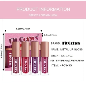 Detailed specs for 4-piece velvet lip glaze set with packaging dimensions and weight