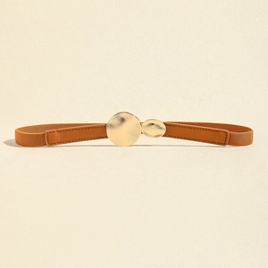 Detail of thin brown elastic belt featuring dual golden circular metal buckles with texture