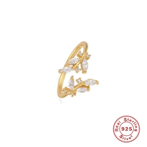 Elegant S925 sterling silver flower ring with marquise zircon stones and golden finish