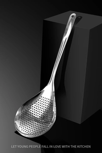 Detailed close-up of a polished 304 stainless steel skimmer with round drainage holes
