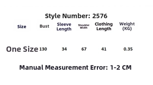 Size chart for women's knitted sweater style 2576 showing detailed loose fit measurements