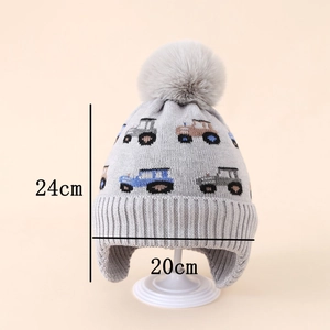 Fleece-lined knit hat with car pattern, faux fur pompom, and dimensions 24cm x 20cm