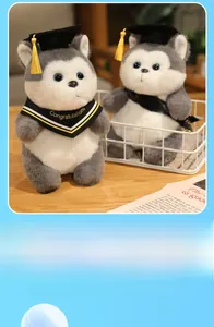 Dettaglio di peluche husky con tocchi neri da laureato e nastri con nappe gialle