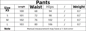 Detailed size chart for women's trousers including length, waist and hip measurements