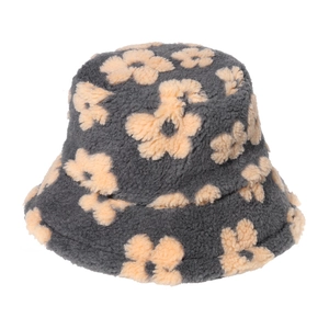 Plush lamb wool bucket hat with floral pattern in grey and orange for winter warmth