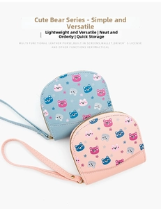Detail of blue and pink half-moon leather purses with cartoon bear prints and gold zippers