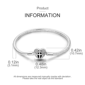 Detailed view of silver snake chain with paved zircon heart pendant and size dimensions