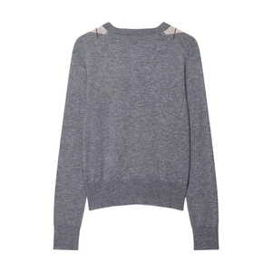 Grey knit sweater with classic crew neck and diamond pattern details on the shoulders