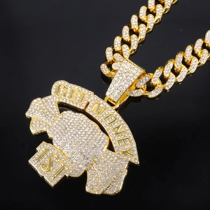 Hip-hop gold-tone Cuban chain with iced-out Get Money pendant and sparkling rhinestones