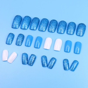 Blue glitter and white short square press-on nail set with 24 pieces for women