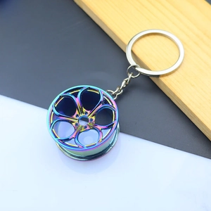 Detail of colorful zinc alloy car hub keychain with iridescent electroplated finish