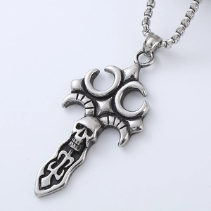 Macro shot of silver vintage skull cross sword pendant on a beaded chain necklace