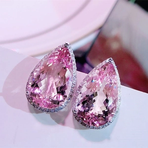 Pear Shaped Stud Earrings Copper Pink Zircon Halo Waterdrop Elegant Jewelry For Women Valentine Gift