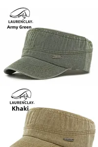 Detail of washed cotton cadet caps in army green and khaki with metal logo branding