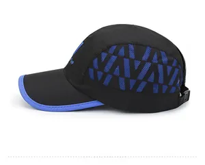 Detail view of quick-dry baseball cap with blue breathable mesh and adjustable buckle