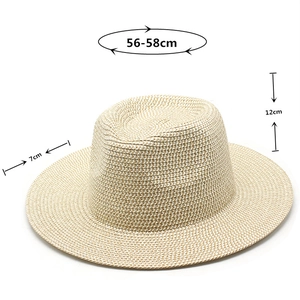 Straw Panama hat detail showing 56-58cm head size, 12cm height, and 7cm brim width