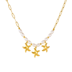 Gold-plated starfish pendant necklace with faux pearl accents on a white background