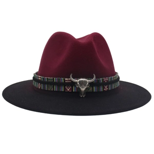 Western gradient wool fedora hat with burgundy crown, black brim and bull skull detail