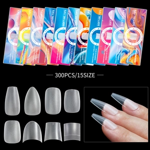 Detailed view of 300pcs soft gel nail tips set with 15 sizes and matte base finish