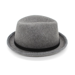 Detailed top view of a classic grey wool felt fedora with a black decorative ribbon band