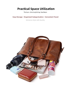 Interno spazioso della borsa tote marrone in pelle cerata vintage con oggetti quotidiani
