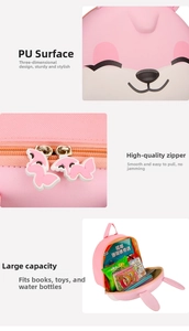 Detail of pink cartoon fox backpack showing durable PU material and large inner capacity