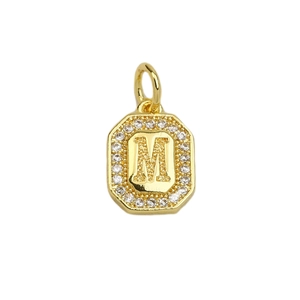 Detailed view of an 18k gold plated square pendant featuring a cubic zirconia letter M