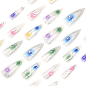 Long almond press-on nails with colorful gradient blend and silver flame line art
