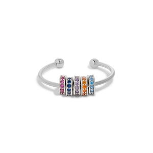 Detailed close-up of colorful zircon beads on a silver rotatable spinner anxiety ring