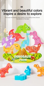 Close-up of wooden dinosaur stacking blocks with numbers 1-10 on a green balance base