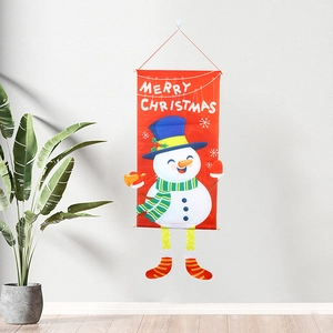 Detailed view of red Christmas banner with snowman character and Merry Christmas text