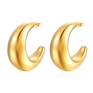 Polished 18K gold plated large crescent moon hollow hoop earrings on a white background