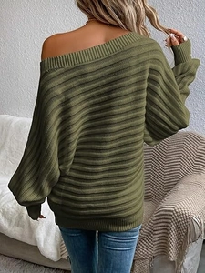 Olive green off-shoulder knit sweater featuring horizontal ribbing and batwing sleeves